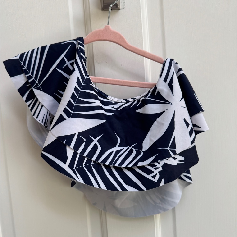 NWOT PatPat 3-4Y 3T Girls Blue and White Tropical Ruffle Bathingsuit Bikini Top